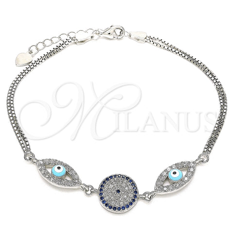 Sterling Silver Fancy Bracelet, Evil Eye Design, with Sapphire Blue and White Cubic Zirconia, Turquoise Enamel Finish, Rhodium Finish, 03.286.0026.07 (02 MM Thickness, 7 Inches Length)