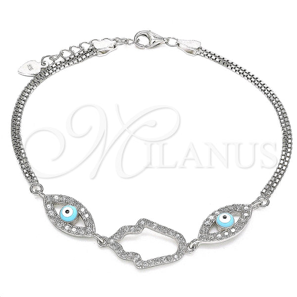 Sterling Silver Fancy Bracelet, Hand of God and Evil Eye Design, with White Cubic Zirconia, Turquoise Enamel Finish, Rhodium Finish, 03.286.0030.07 (02 MM Thickness, 7 Inches Length)