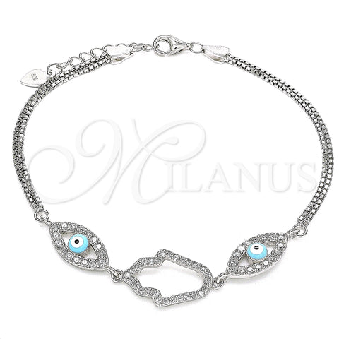 Sterling Silver Fancy Bracelet, Hand of God and Evil Eye Design, with White Cubic Zirconia, Turquoise Enamel Finish, Rhodium Finish, 03.286.0030.07 (02 MM Thickness, 7 Inches Length)