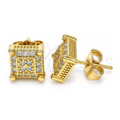 Oro Laminado Stud Earring, Gold Filled Style with White Micro Pave, Polished, Golden Finish, 02.344.0050