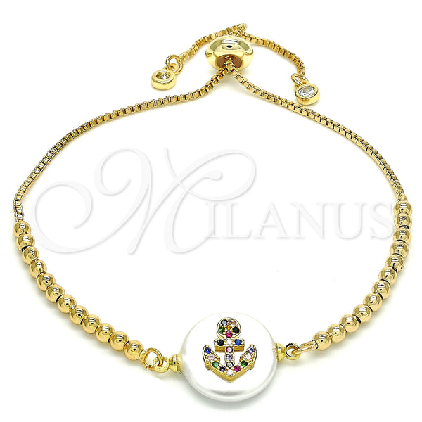 Gold Filled Bracelet — Adjustable Bolo Bracelet Anchor Design with Multicolor Cubic — main product view — SKU 130116 | Oro Laminado brazalete — Adjustable Bolo Bracelet Anchor diseño with Multicolor Cubic — SKU 130116