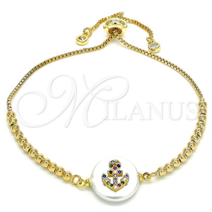 Gold Filled Bracelet — Adjustable Bolo Bracelet Anchor Design with Multicolor Cubic — main product view — SKU 130116 | Oro Laminado brazalete — Adjustable Bolo Bracelet Anchor diseño with Multicolor Cubic — SKU 130116