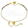 Oro Laminado Adjustable Bolo Bracelet, Gold Filled Style Anchor Design, with White and Multicolor Cubic Zirconia, Polished, Golden Finish, 03.63.2104.11 (01 MM Thickness, 11 Inches Length)