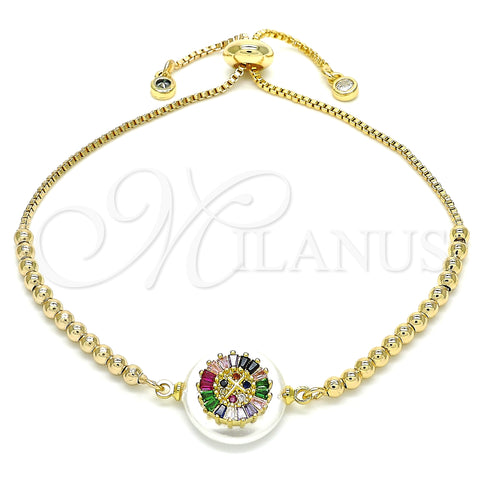 Oro Laminado Adjustable Bolo Bracelet, Gold Filled Style Cross Design, with Green and Multicolor Cubic Zirconia, Polished, Golden Finish, 03.63.2105.1.10 (01 MM Thickness, 10 Inches Length)