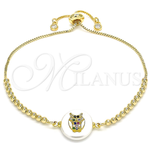 Gold Filled Bracelet — Adjustable Bolo Bracelet Owl Design with Multicolor Cubic — main product view — SKU 130122 | Oro Laminado brazalete — Adjustable Bolo Bracelet Owl diseño with Multicolor Cubic — SKU 130122