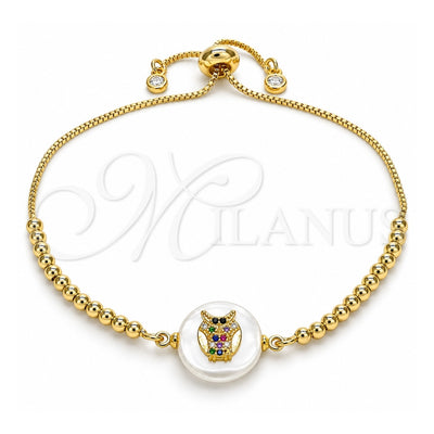 Oro Laminado Adjustable Bolo Bracelet, Gold Filled Style Owl Design, with Multicolor Cubic Zirconia, Polished, Golden Finish, 03.63.2107.10 (01 MM Thickness, 10 Inches Length)