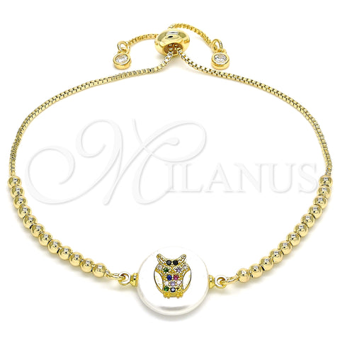 Oro Laminado Adjustable Bolo Bracelet, Gold Filled Style Owl Design, with Multicolor Cubic Zirconia, Polished, Golden Finish, 03.63.2107.10 (01 MM Thickness, 10 Inches Length)