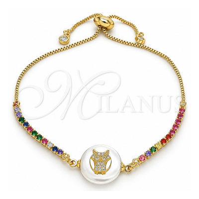 Oro Laminado Adjustable Bolo Bracelet, Gold Filled Style Owl Design, with White and Multicolor Cubic Zirconia, Polished, Golden Finish, 03.63.2108.10 (01 MM Thickness, 10 Inches Length)