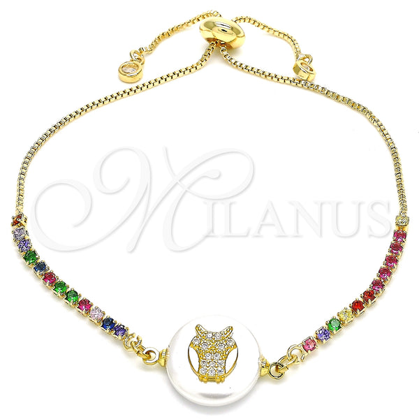 Gold Filled Bracelet — Adjustable Bolo Bracelet Owl Design with White and — main product view — SKU 130123 | Oro Laminado brazalete — Adjustable Bolo Bracelet Owl diseño with blanco and — SKU 130123