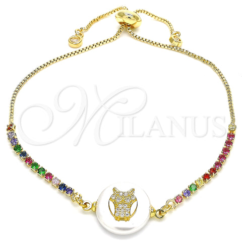 Oro Laminado Adjustable Bolo Bracelet, Gold Filled Style Owl Design, with White and Multicolor Cubic Zirconia, Polished, Golden Finish, 03.63.2108.10 (01 MM Thickness, 10 Inches Length)