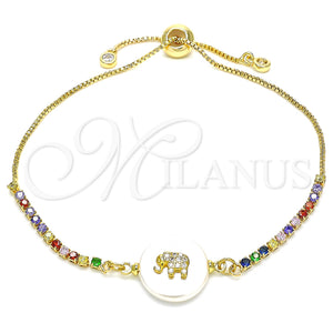 Gold Filled Bracelet — Adjustable Bolo Bracelet Elephant Design with White and — main product view — SKU 130125 | Oro Laminado brazalete — Adjustable Bolo Bracelet Elephant diseño with blanco and — SKU 130125