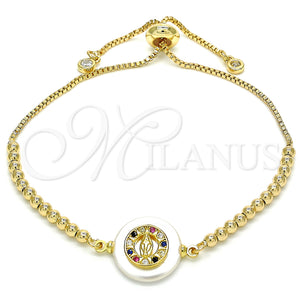 Gold Filled Bracelet — Adjustable Bolo Bracelet Virgen Maria Design with Multicolor — main product view — SKU 130128 | Oro Laminado brazalete — Adjustable Bolo Bracelet Virgen Maria diseño with Multicolor — SKU 130128