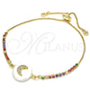 Oro Laminado Adjustable Bolo Bracelet, Gold Filled Style Moon Design, with White and Multicolor Cubic Zirconia, Polished, Golden Finish, 03.63.2120.10 (01 MM Thickness, 10 Inches Length)
