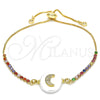 Oro Laminado Adjustable Bolo Bracelet, Gold Filled Style Moon Design, with White and Multicolor Cubic Zirconia, Polished, Golden Finish, 03.63.2120.10 (01 MM Thickness, 10 Inches Length)