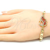 Oro Laminado Fancy Bracelet, Gold Filled Style Peacock Design, with Garnet and White Cubic Zirconia, Polished, Golden Finish, 03.63.2125.07 (05 MM Thickness, 7 Inches Length)