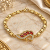 Oro Laminado Fancy Bracelet, Gold Filled Style Peacock Design, with Garnet and White Cubic Zirconia, Polished, Golden Finish, 03.63.2125.07 (05 MM Thickness, 7 Inches Length)