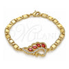 Oro Laminado Fancy Bracelet, Gold Filled Style Peacock Design, with Garnet and White Cubic Zirconia, Polished, Golden Finish, 03.63.2125.07 (05 MM Thickness, 7 Inches Length)