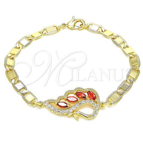 Oro Laminado Fancy Bracelet, Gold Filled Style Peacock Design, with Garnet and White Cubic Zirconia, Polished, Golden Finish, 03.63.2125.07 (05 MM Thickness, 7 Inches Length)