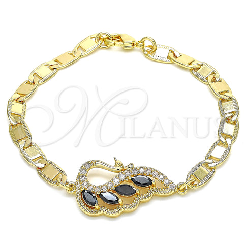 Oro Laminado Fancy Bracelet, Gold Filled Style Peacock Design, with Black and White Cubic Zirconia, Polished, Golden Finish, 03.63.2125.1.07 (05 MM Thickness, 7 Inches Length)