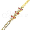 Oro Laminado Fancy Bracelet, Gold Filled Style Butterfly Design, with Garnet and White Cubic Zirconia, Polished, Golden Finish, 03.63.2127.07 (06 MM Thickness, 7 Inches Length)
