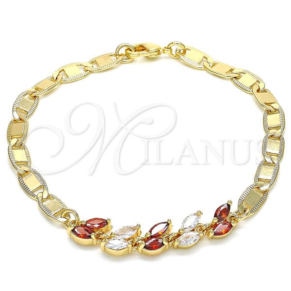 Gold Filled Bracelet — Fancy Bracelet Leaf Design with Garnet and White — main product view — SKU 130154 | Oro Laminado brazalete — elegante Bracelet Leaf diseño with Garnet and blanco — SKU 130154