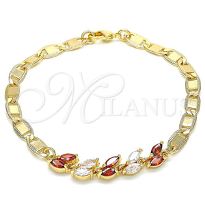 Gold Filled Bracelet — Fancy Bracelet Leaf Design with Garnet and White — main product view — SKU 130154 | Oro Laminado brazalete — elegante Bracelet Leaf diseño with Garnet and blanco — SKU 130154