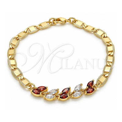 Oro Laminado Fancy Bracelet, Gold Filled Style Leaf Design, with Garnet and White Cubic Zirconia, Polished, Golden Finish, 03.63.2128.08 (05 MM Thickness, 8 Inches Length)