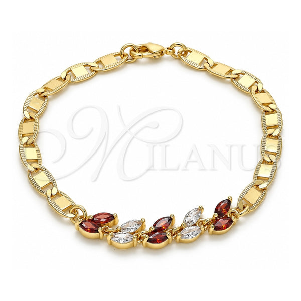 Oro Laminado Fancy Bracelet, Gold Filled Style Leaf Design, with Garnet and White Cubic Zirconia, Polished, Golden Finish, 03.63.2128.08 (05 MM Thickness, 8 Inches Length)