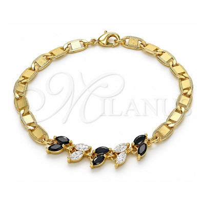 Oro Laminado Fancy Bracelet, Gold Filled Style Leaf Design, with Black and White Cubic Zirconia, Polished, Golden Finish, 03.63.2128.1.08 (05 MM Thickness, 8 Inches Length)