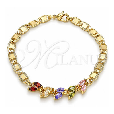 Oro Laminado Fancy Bracelet, Gold Filled Style Leaf Design, with Multicolor Cubic Zirconia, Polished, Golden Finish, 03.63.2128.2.08 (05 MM Thickness, 8 Inches Length)