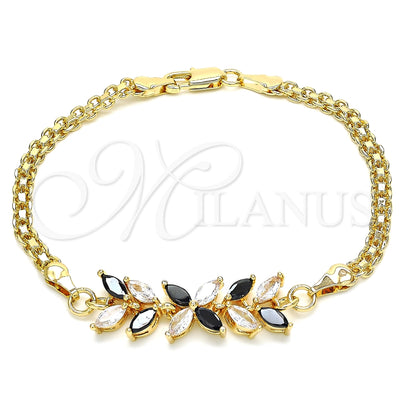 Oro Laminado Fancy Bracelet, Gold Filled Style Flower and Leaf Design, with Black and White Cubic Zirconia for wholesale, main product view