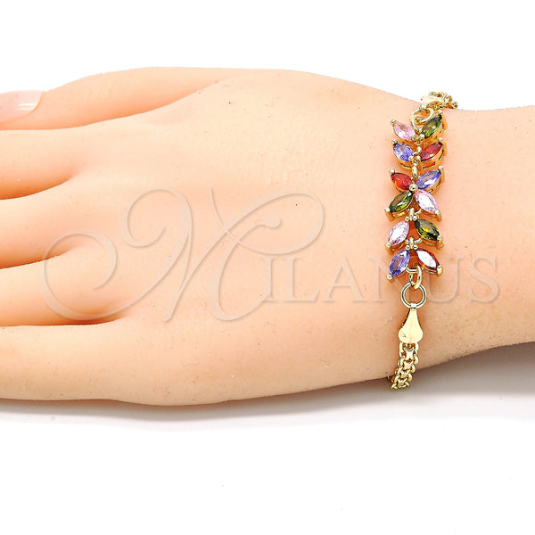 Gold Filled Bracelet — Fancy Bracelet Flower and Leaf Design with Multicolor — alternate product view — SKU 130160 | Oro Laminado brazalete — elegante Bracelet flor and Leaf diseño with Multicolor — SKU 130160