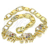 Oro Laminado Fancy Bracelet, Gold Filled Style Elephant Design, with Multicolor Cubic Zirconia, Polished, Golden Finish, 03.63.2131.3.07 (05 MM Thickness, 7 Inches Length)
