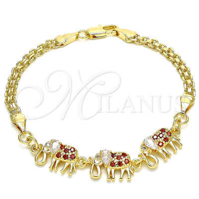 Oro Laminado Fancy Bracelet, Gold Filled Style Elephant Design, with Garnet and White Cubic Zirconia, Polished for wholesale, main product view