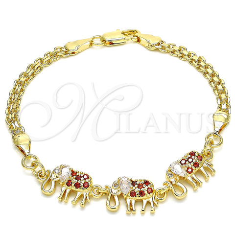 Oro Laminado Fancy Bracelet, Gold Filled Style Elephant Design, with Garnet and White Cubic Zirconia, Polished, Golden Finish, 03.63.2132.1.08 (04 MM Thickness, 8 Inches Length)