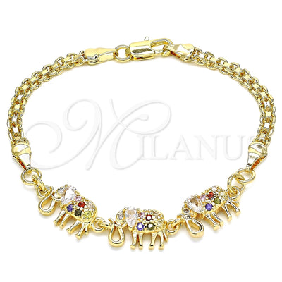 Oro Laminado Fancy Bracelet, Gold Filled Style Elephant Design, with Multicolor Cubic Zirconia, Polished for wholesale, main product view