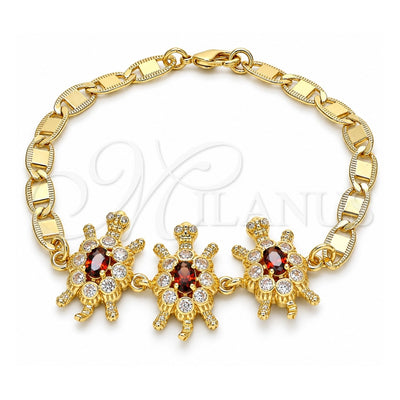 Oro Laminado Fancy Bracelet, Gold Filled Style Turtle Design, with Garnet and White Cubic Zirconia, Polished, Golden Finish, 03.63.2133.1.08 (05 MM Thickness, 8 Inches Length)