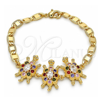 Oro Laminado Fancy Bracelet, Gold Filled Style Turtle Design, with Multicolor Cubic Zirconia, Polished, Golden Finish, 03.63.2133.3.08 (05 MM Thickness, 8 Inches Length)