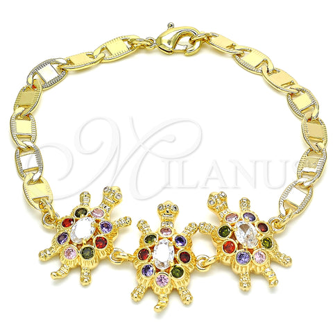 Oro Laminado Fancy Bracelet, Gold Filled Style Turtle Design, with Multicolor Cubic Zirconia, Polished, Golden Finish, 03.63.2133.3.08 (05 MM Thickness, 8 Inches Length)