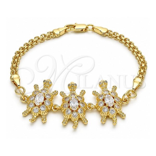 Oro Laminado Fancy Bracelet, Gold Filled Style Turtle Design, with White Cubic Zirconia, Polished, Golden Finish, 03.63.2134.07 (04 MM Thickness, 7 Inches Length)