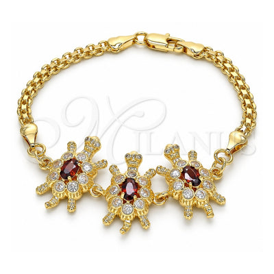 Oro Laminado Fancy Bracelet, Gold Filled Style Turtle Design, with Garnet and White Cubic Zirconia, Polished, Golden Finish, 03.63.2134.1.07 (04 MM Thickness, 70 Inches Length)