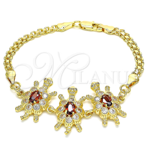 Oro Laminado Fancy Bracelet, Gold Filled Style Turtle Design, with Garnet and White Cubic Zirconia, Polished, Golden Finish, 03.63.2134.1.07 (04 MM Thickness, 70 Inches Length)