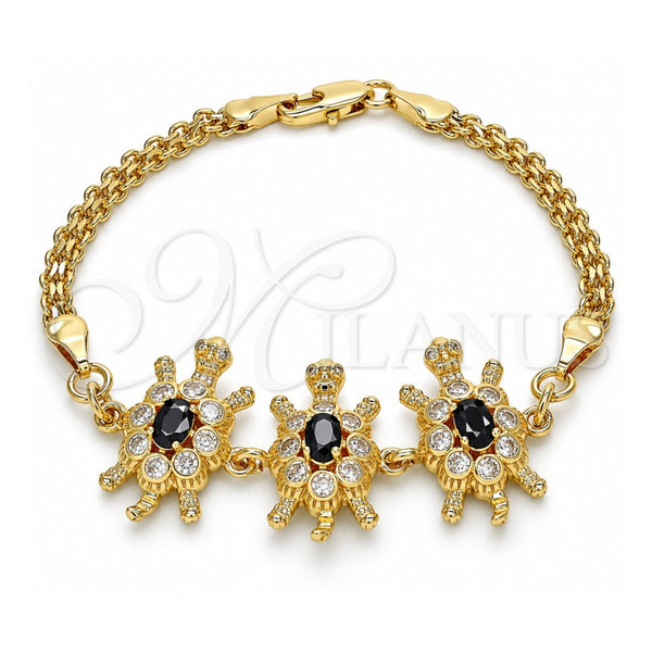 Oro Laminado Fancy Bracelet, Gold Filled Style Turtle Design, with Black and White Cubic Zirconia, Polished, Golden Finish, 03.63.2134.2.07 (04 MM Thickness, 7 Inches Length)