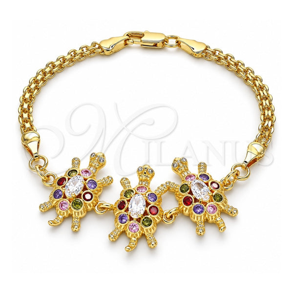 Oro Laminado Fancy Bracelet, Gold Filled Style Turtle Design, with Multicolor Cubic Zirconia, Polished, Golden Finish, 03.63.2134.3.07 (04 MM Thickness, 7 Inches Length)