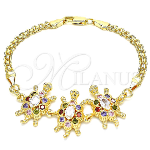Oro Laminado Fancy Bracelet, Gold Filled Style Turtle Design, with Multicolor Cubic Zirconia, Polished, Golden Finish, 03.63.2134.3.07 (04 MM Thickness, 7 Inches Length)