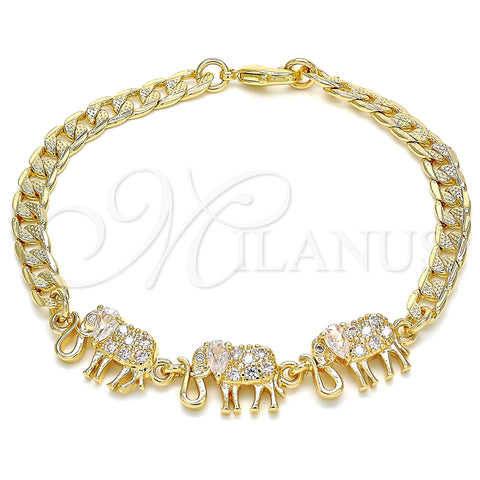 Oro Laminado Fancy Bracelet, Gold Filled Style Elephant Design, with White Cubic Zirconia, Polished, Golden Finish, 03.63.2138.07 (05 MM Thickness, 7 Inches Length)
