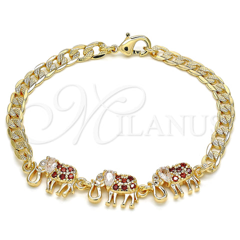 Oro Laminado Fancy Bracelet, Gold Filled Style Elephant Design, with Garnet and White Cubic Zirconia, Polished, Golden Finish, 03.63.2138.1.07 (05 MM Thickness, 7 Inches Length)