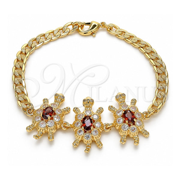 Oro Laminado Fancy Bracelet, Gold Filled Style Turtle Design, with Garnet and White Cubic Zirconia, Polished, Golden Finish, 03.63.2139.1.07 (05 MM Thickness, 7 Inches Length)