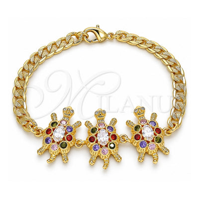 Oro Laminado Fancy Bracelet, Gold Filled Style Turtle Design, with Multicolor Cubic Zirconia, Polished, Golden Finish, 03.63.2139.3.07 (05 MM Thickness, 7 Inches Length)