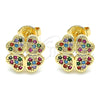 Oro Laminado Stud Earring, Gold Filled Style Four-leaf Clover Design, with Multicolor Micro Pave, Polished, Golden Finish, 02.233.0005